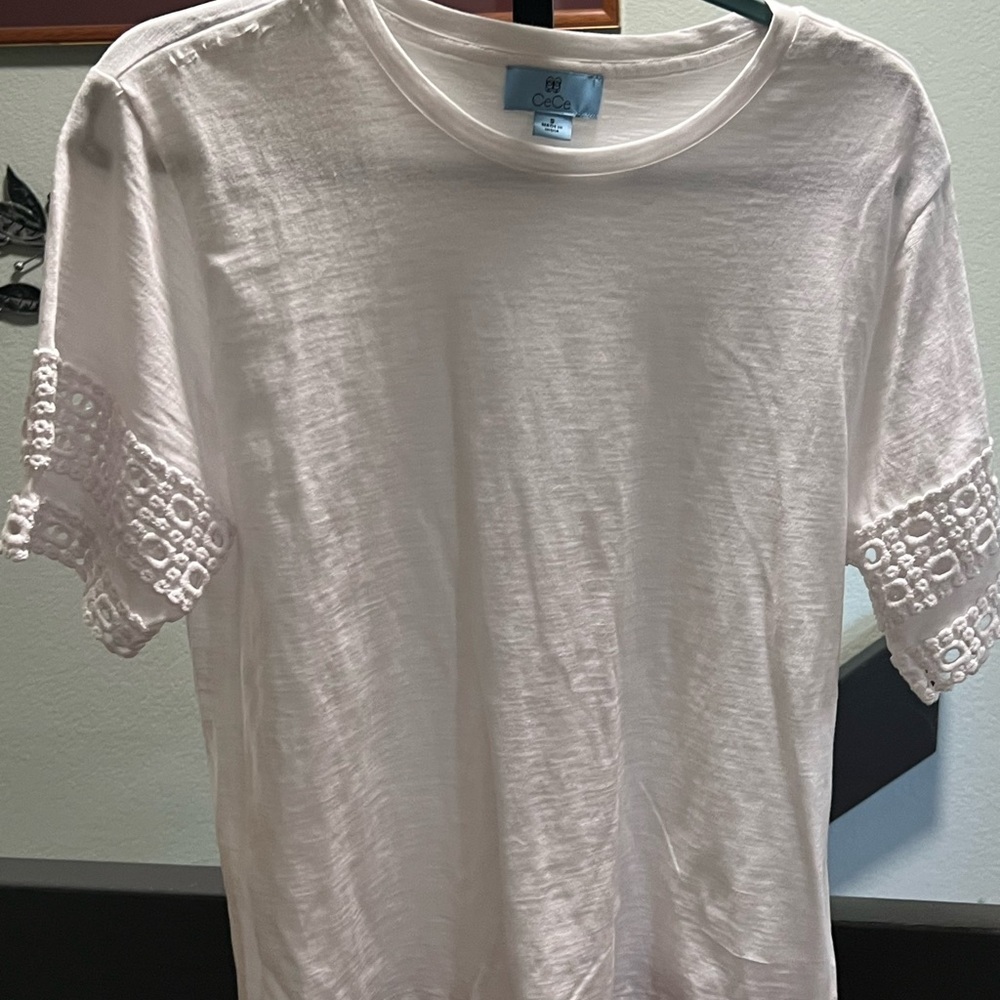 CeCe White Short Sleeve Top with Lace Detail #092